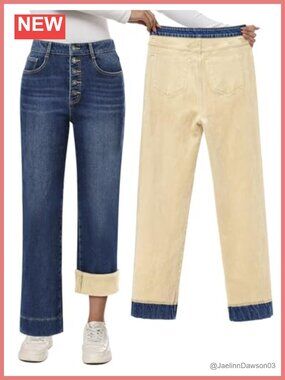 Fleece Lined High Waist Straight Leg Jeans Stretch Winter Warm Pants